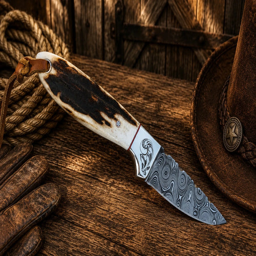 Buckaroo Cross Draw Knife – Damascus Steel with Antler Handle & Pancake Sheath - SHAM KNIVESCowboy KnifeSHAM KNIVESHandmade Buckaroo knife featuring a Damascus steel blade and genuine antler horn handle