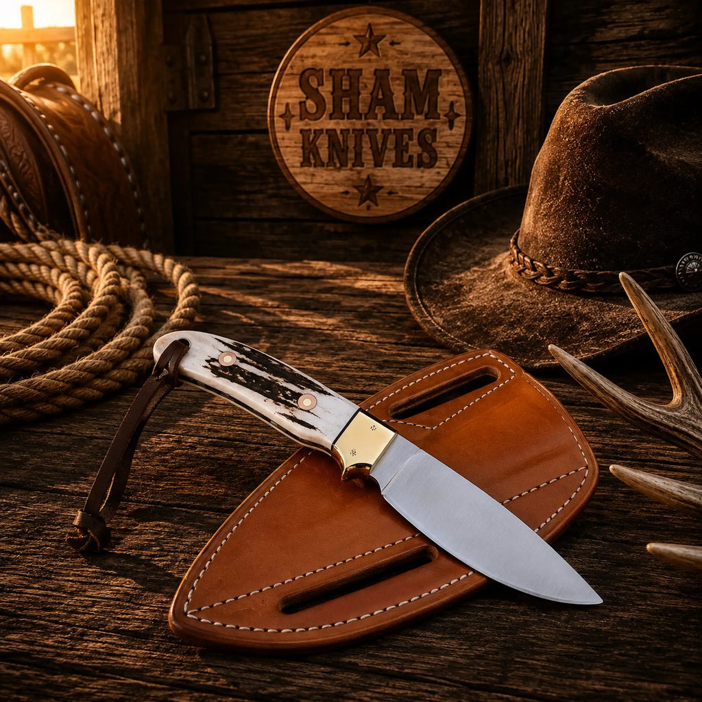 Buckaroo ranch knife with 4-inch D2 steel blade and antler horn handle