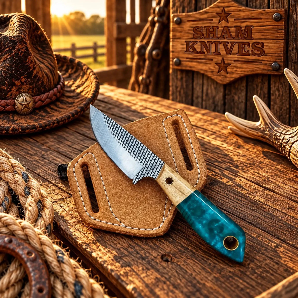 Buckaroo Ranch Knife – Rasp Steel & Blue Resin Handle with Sheath - SHAM KNIVESBuckaroo KnifeSHAM KNIVESBuckaroo ranch knife with rasp steel blade and blue resin handle