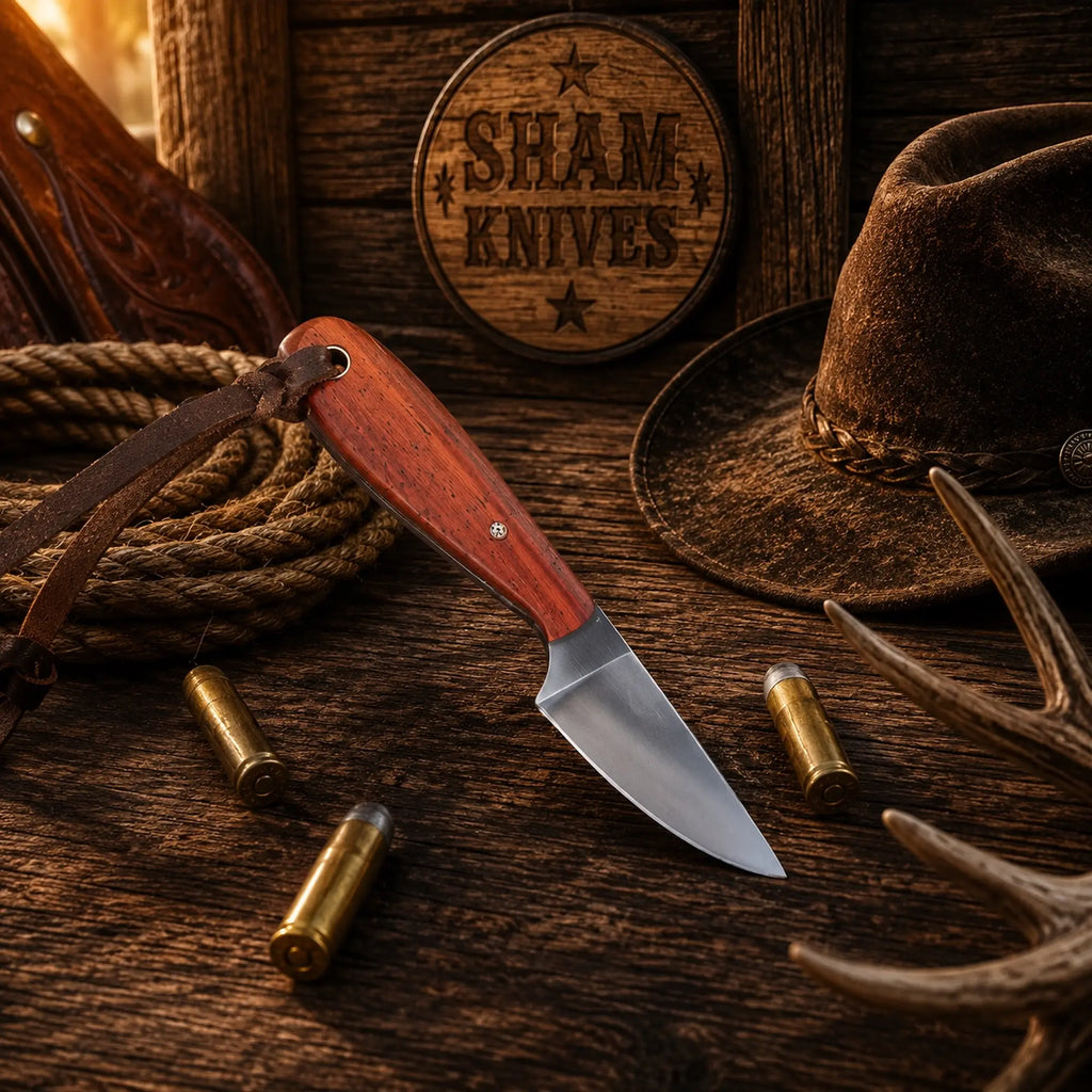 Buckaroo rancher waist knife with 3-inch D2 steel blade and exotic wood handle