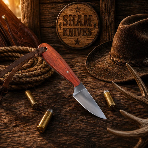 Buckaroo rancher waist knife with 3-inch D2 steel blade and exotic wood handle