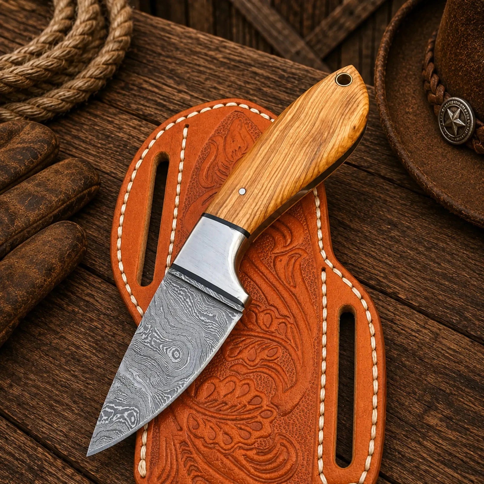 Buckaroo Sheath Knife – 3" Damascus Steel Olive Wood Handle - SHAM KNIVESCowboy KnifeSHAM KNIVESHandmade Buckaroo knife with Damascus steel blade and olive wood handle with belt sheath
