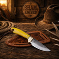 Buckaroo sheath knife with yellow coloured-bone handle and D2 acid-wash blade