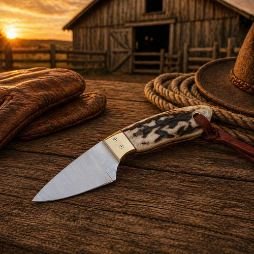 Buckaroo Sheath Knife – D2 Steel Blade & Antler Horn Handle - SHAM KNIVESCowboy KnifeSHAM KNIVESBuckaroo sheath knife with D2 steel blade and antler handle
