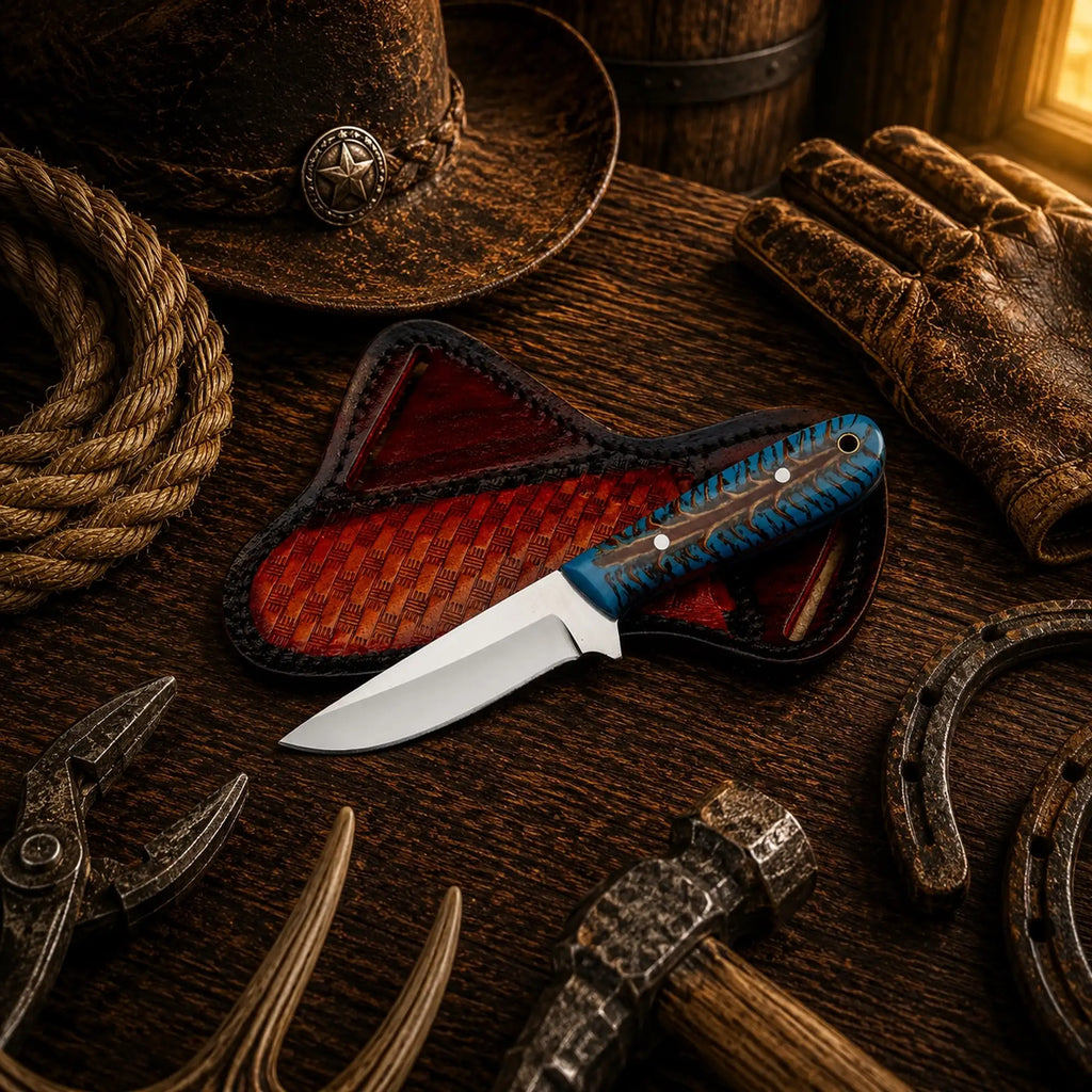 Handmade Buckaroo Style Cowboy Knife with D2 steel blade and turquoise pine cone handle.