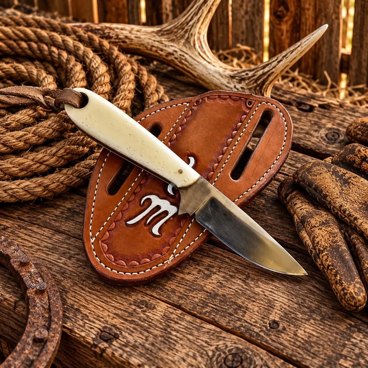 Buckaroo Working Knife for field dressing - 3.5” Damascus Blade Bone Handle - SHAM KNIVESBuckaroo KnifeSHAM KNIVESBuckaroo field dressing knife with 3.5 inch Damascus blade and bone handle