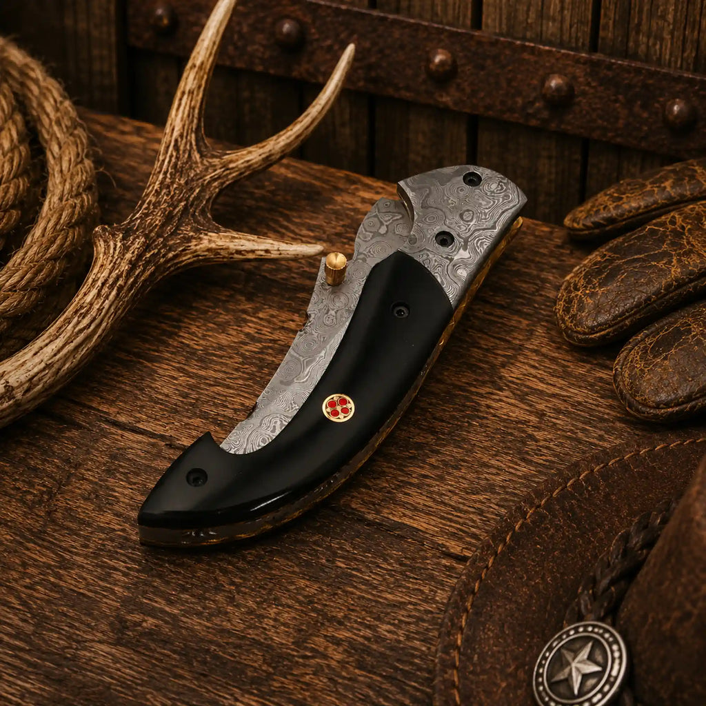 Handmade Western pocket knife with Raindrop Damascus steel blade, polished Damascus bolsters, genuine buffalo horn handle, and handcrafted leather sheath.