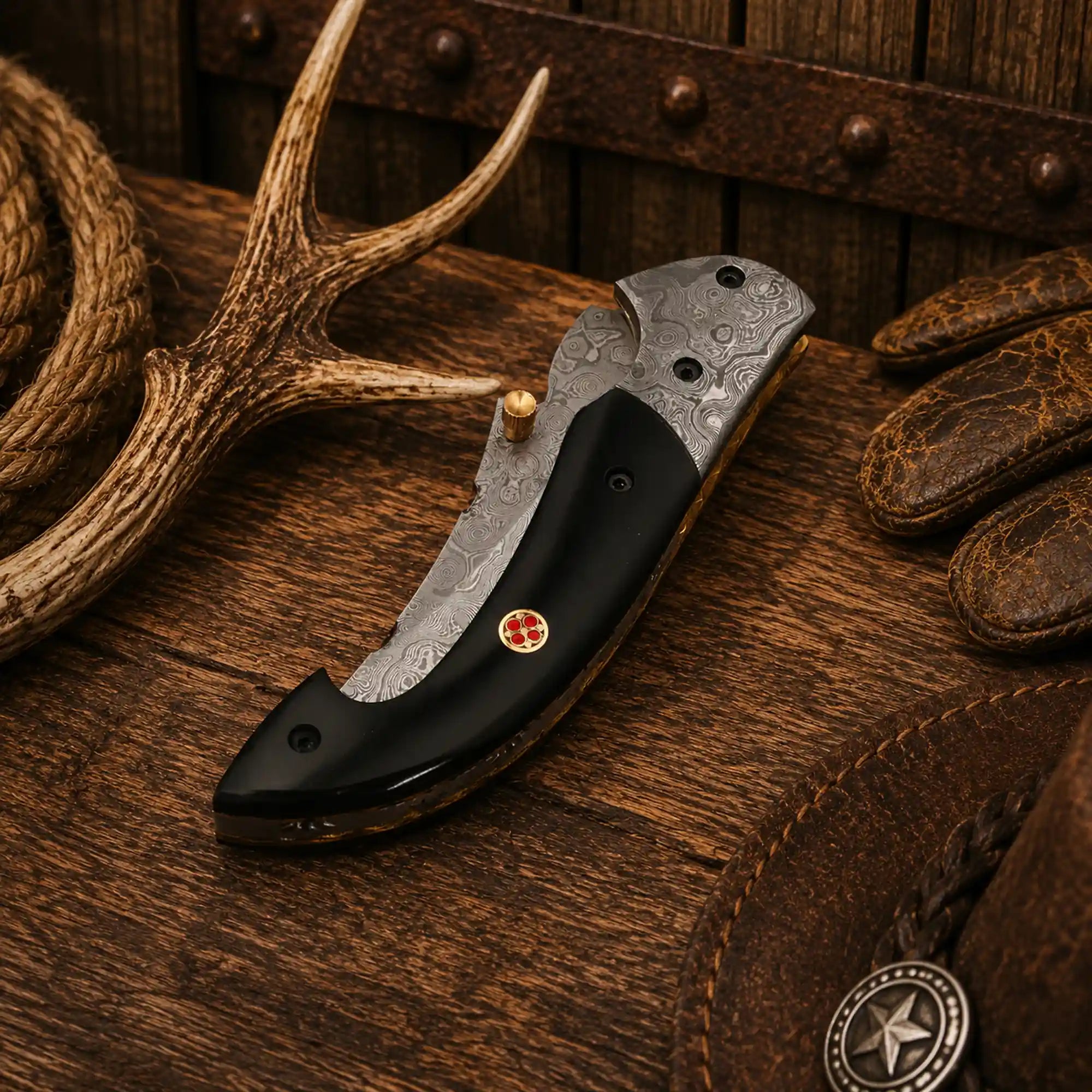 Handmade Western pocket knife with Raindrop Damascus steel blade, polished Damascus bolsters, genuine buffalo horn handle, and handcrafted leather sheath.