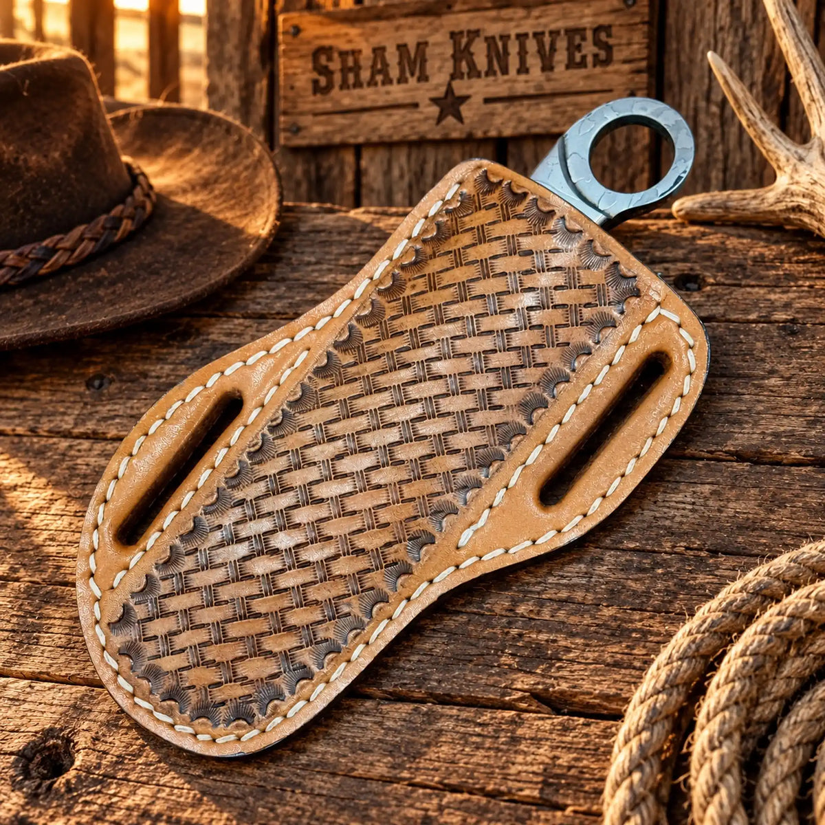 Ring-tail bull cutter displayed on a cross-draw leather sheath