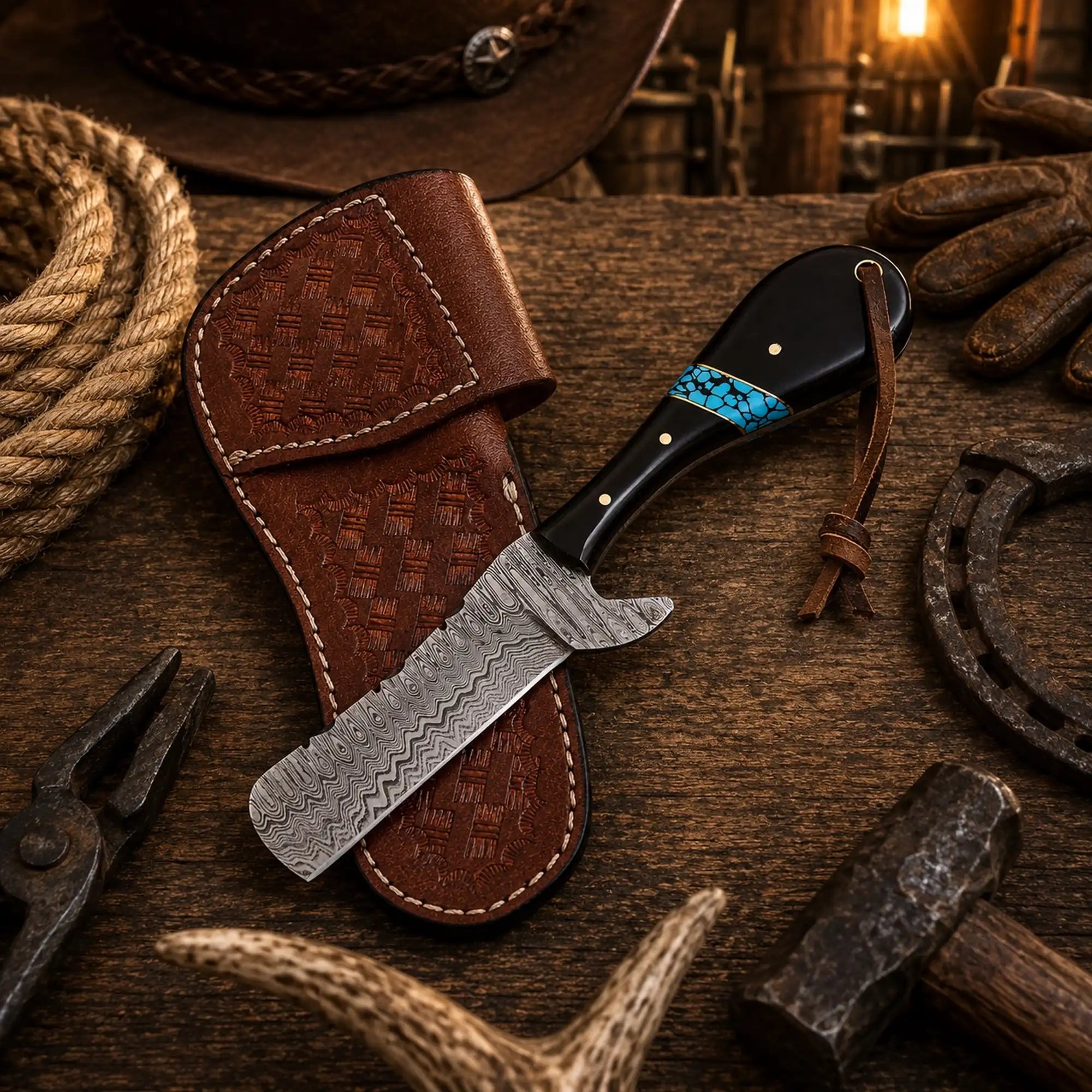 Bull Cutter Knife with 1095 Damascus steel blade, buffalo horn and turquoise inlay handle with pancake leather sheath.