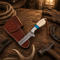 Handmade Damascus Steel Bull Cutter Cowboy Ranch Knife with Bone and Turquoise Handle