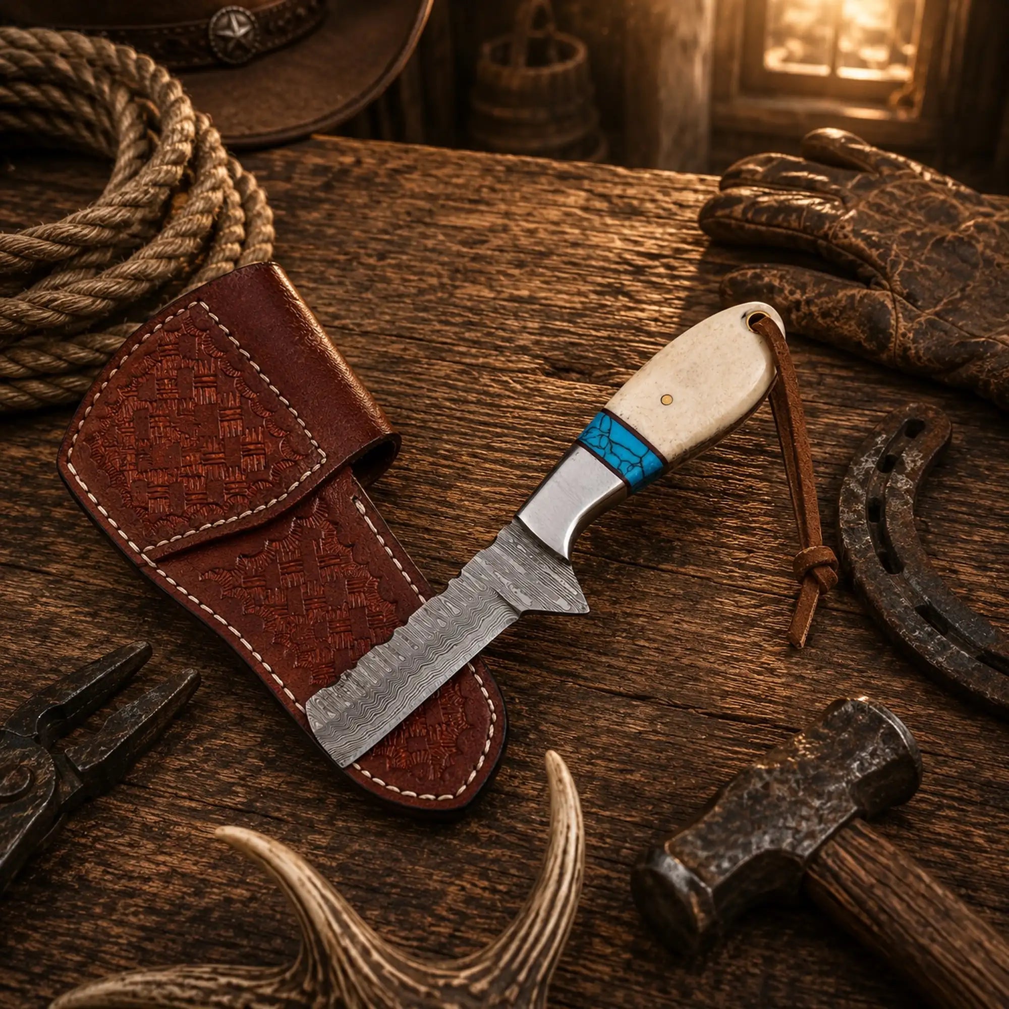 Handmade Damascus Steel Bull Cutter Cowboy Ranch Knife with Bone and Turquoise Handle