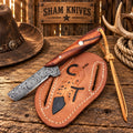 Damascus Bull cutter knife with leather pancake belt sheath