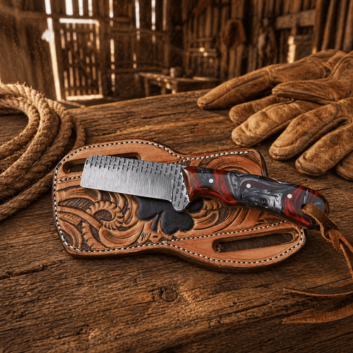 Bull Cutter Knife Rasp Steel Blade Epoxy Resin Handle Sheath - SHAM KNIVESCowboy KnifeSHAM KNIVES Handmade bull cutter knife with rasp steel blade epoxy resin handle and leather sheath on rustic wooden barn table