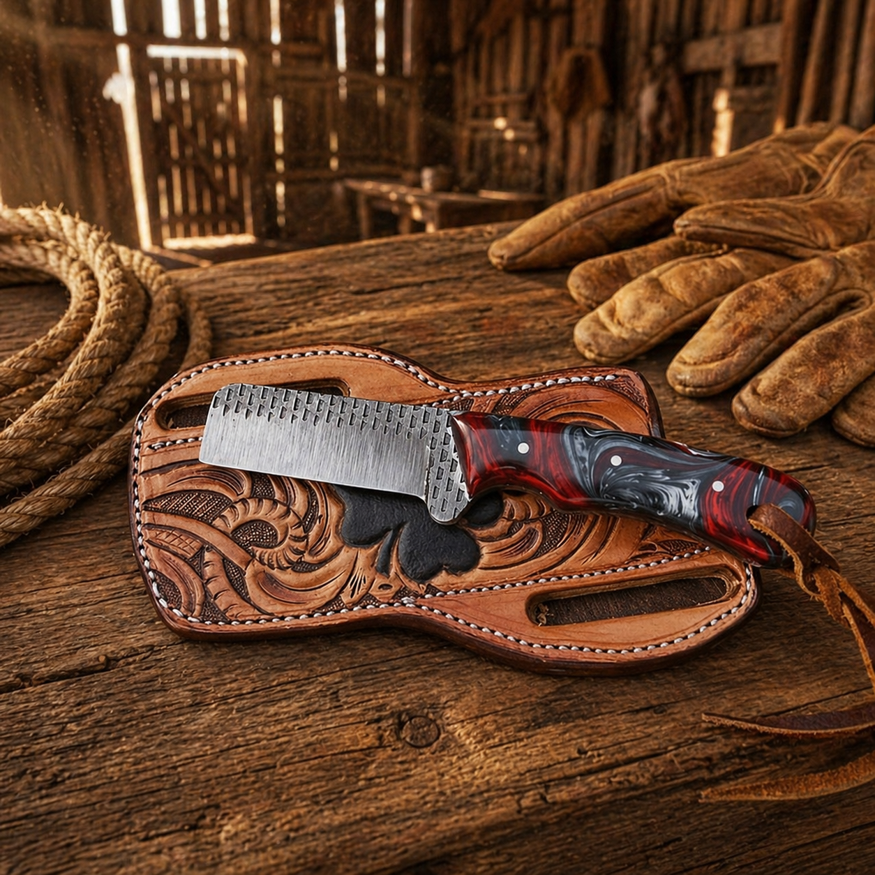Handmade bull cutter knife with rasp steel blade epoxy resin handle and leather sheath on rustic wooden barn table