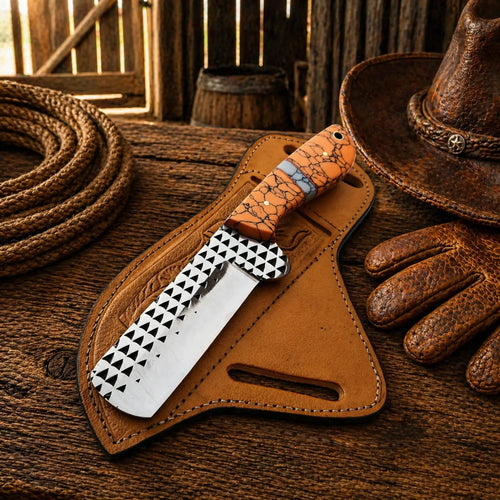 Bullcutter Knife Rasp Steel Blade Turquoise Handle Leather - SHAM KNIVESCowboy KnifeSHAM KNIVESWestern cowboy knife with rasp steel blade and turquoise resin handle