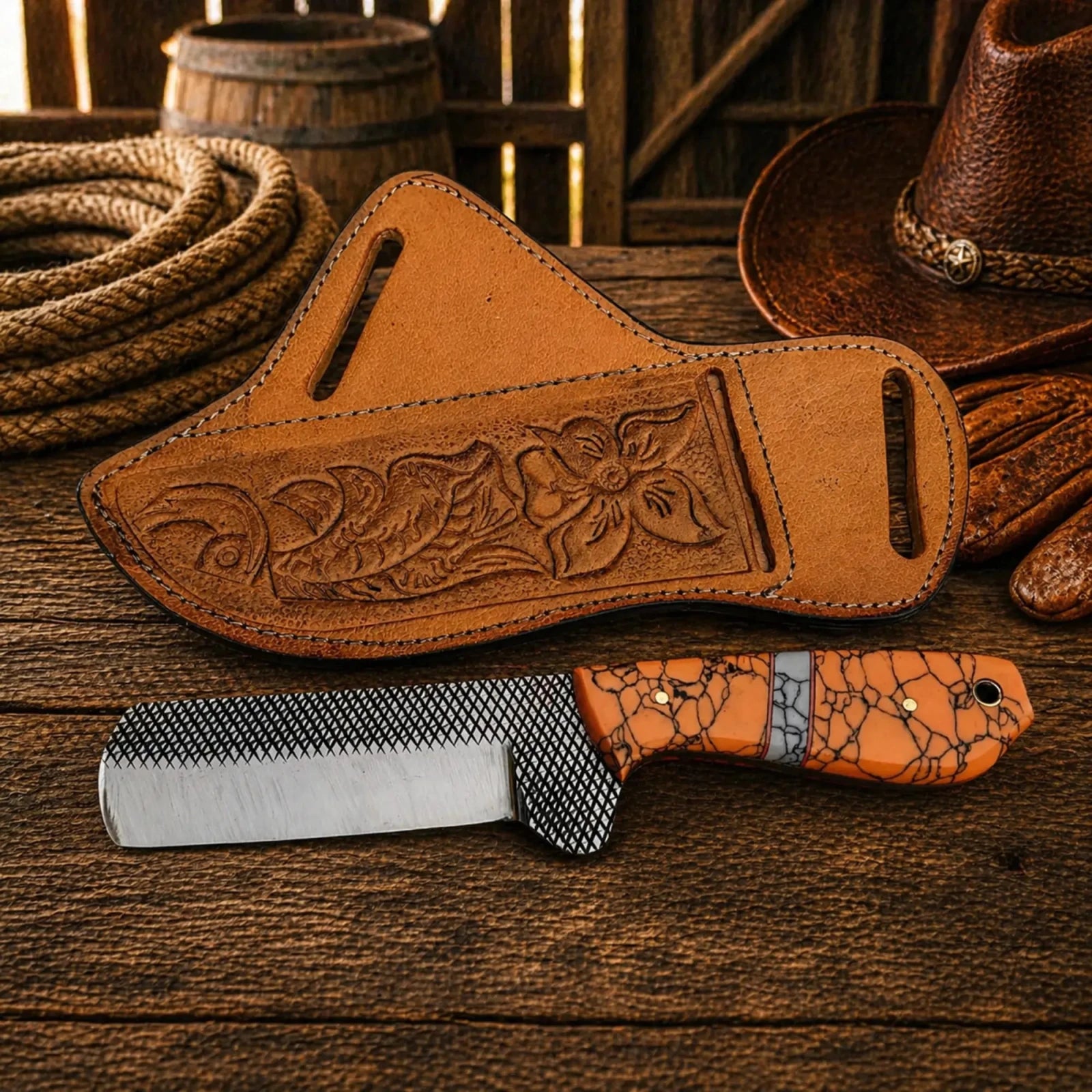 Bullcutter Knife Rasp Steel Blade Turquoise Handle Leather - SHAM KNIVESCowboy KnifeSHAM KNIVESEDC fixed blade bullcutter knife western style leather sheath