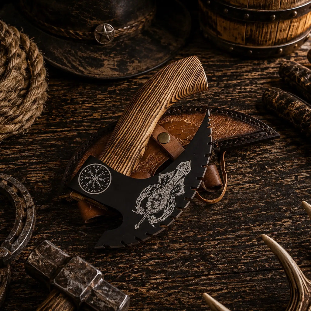 Handmade Viking pizza axe with dark carbon steel blade and leather sheath