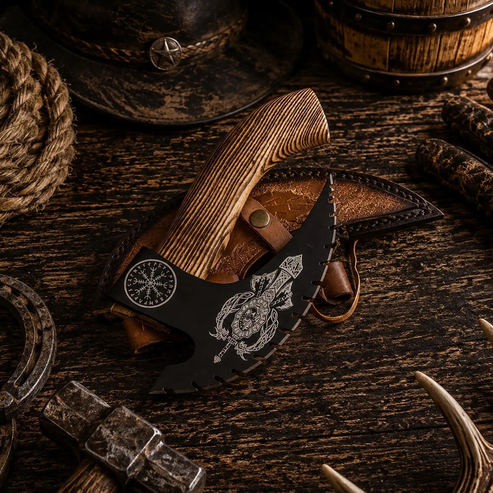 Handmade Viking pizza axe with dark carbon steel blade and leather sheath