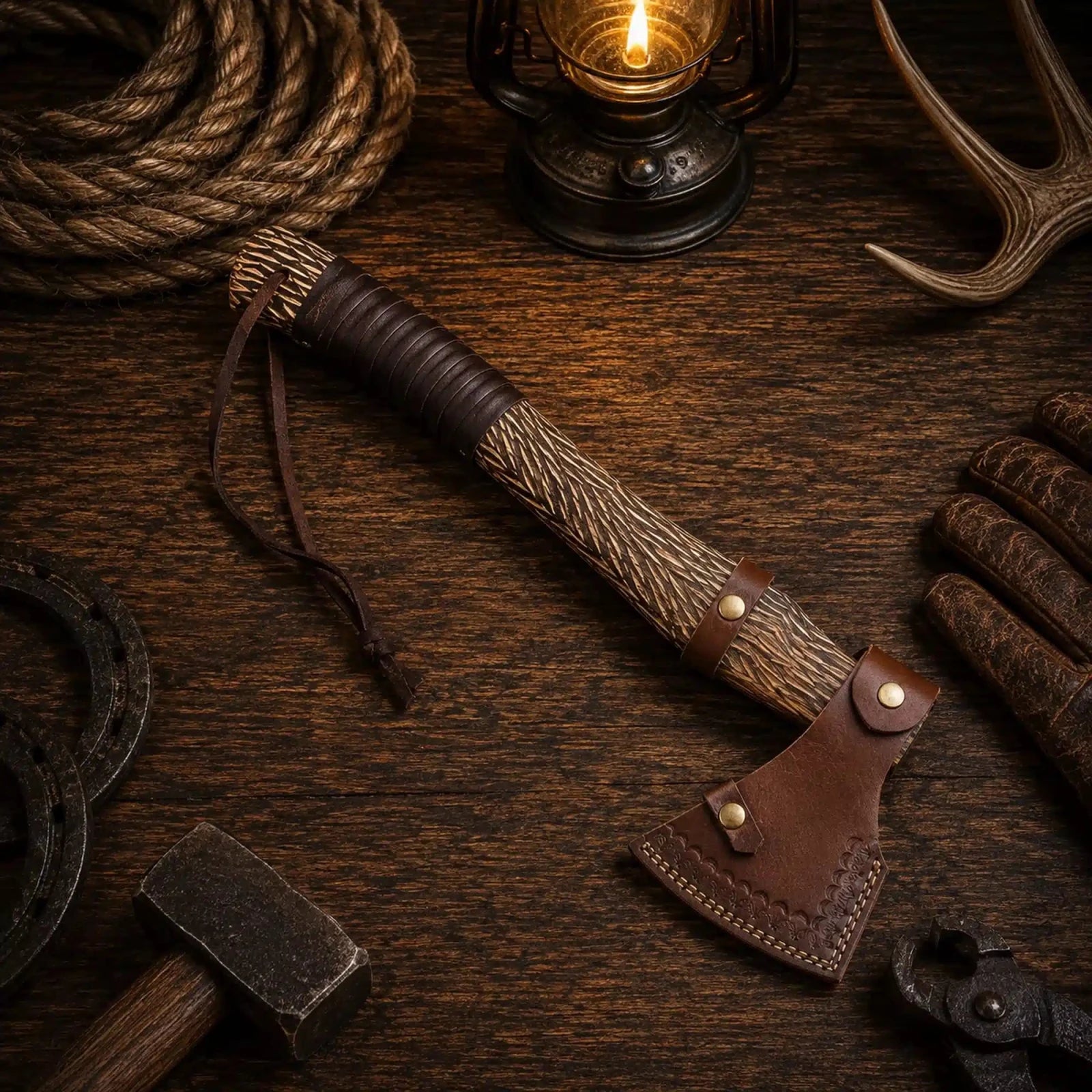 Hand forged tomahawk with leather wrapped ash wood handle and belt sheath