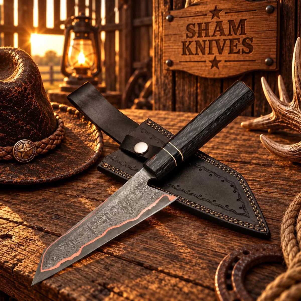 Buy Kiritsuke Style Copper Damascus Chef Knife – Pakka Wood Handle - SHAM KNIVESCopper Damascus Chef knifeSHAM KNIVESKiritsuke-style Copper Damascus chef knife