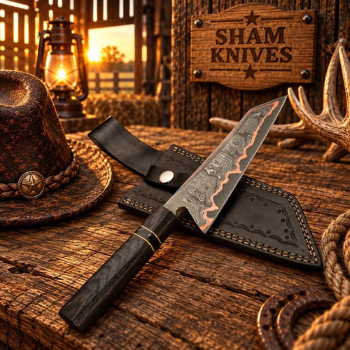 Buy Kiritsuke Style Copper Damascus Chef Knife – Pakka Wood Handle - SHAM KNIVESCopper Damascus Chef knifeSHAM KNIVESCopper Damascus chef knife with dark Pakka wood handle