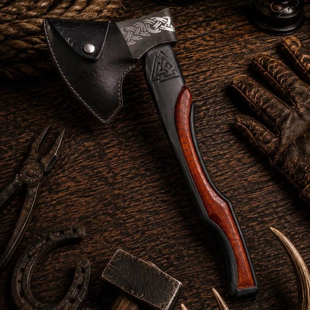 21 inch Viking style camping axe with carved rosewood handle