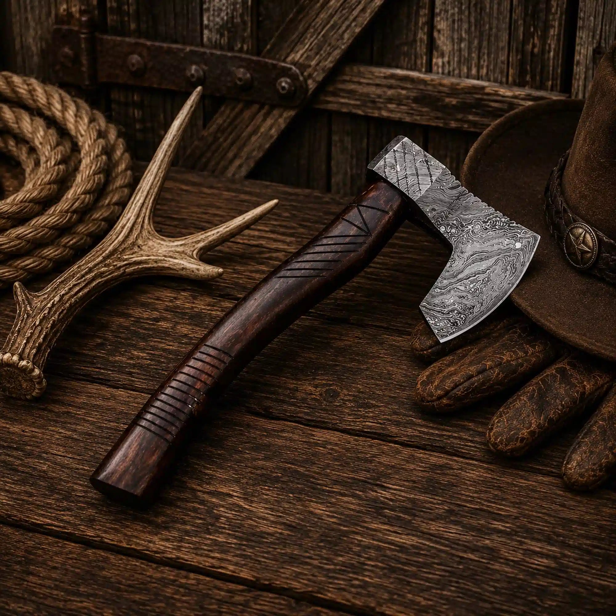 Damascus steel survival hatchet with hardwood handle