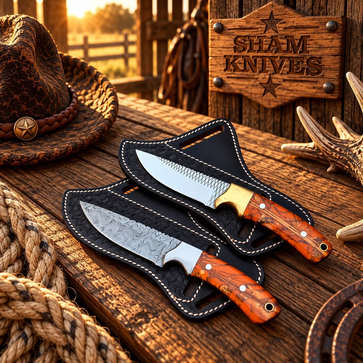 Canyon Fire cowboy skinner knife set with rasp and Damascus steel blades