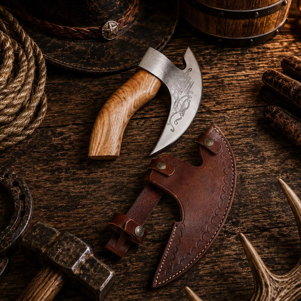 Handmade carbon steel pizza axe with Nordic engraved blade
