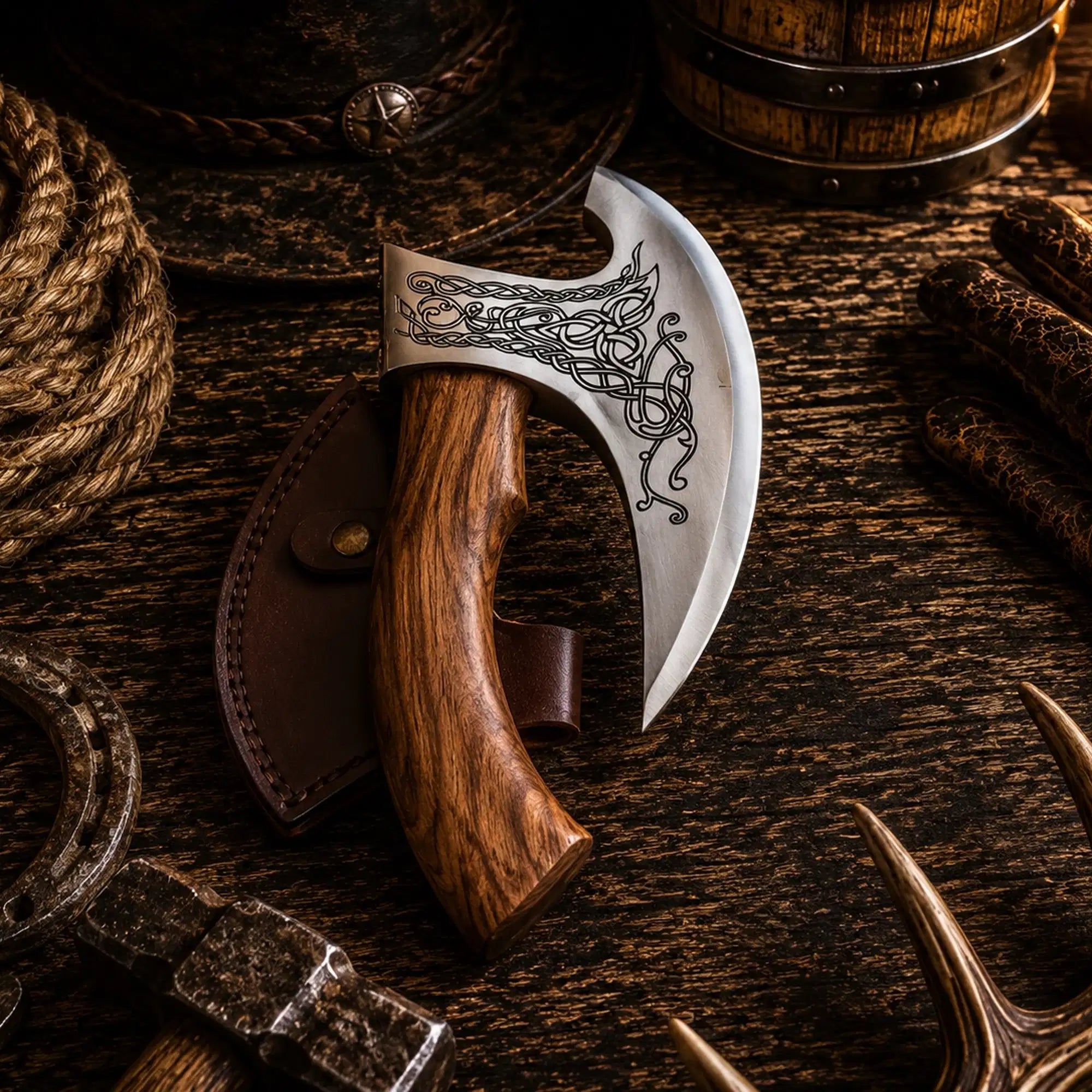 Handmade carbon steel pizza cutter axe with curved wooden handle