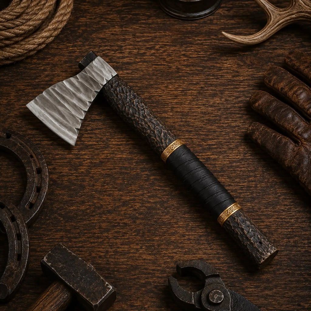 Carbon steel Viking axe with tooled leather sheath