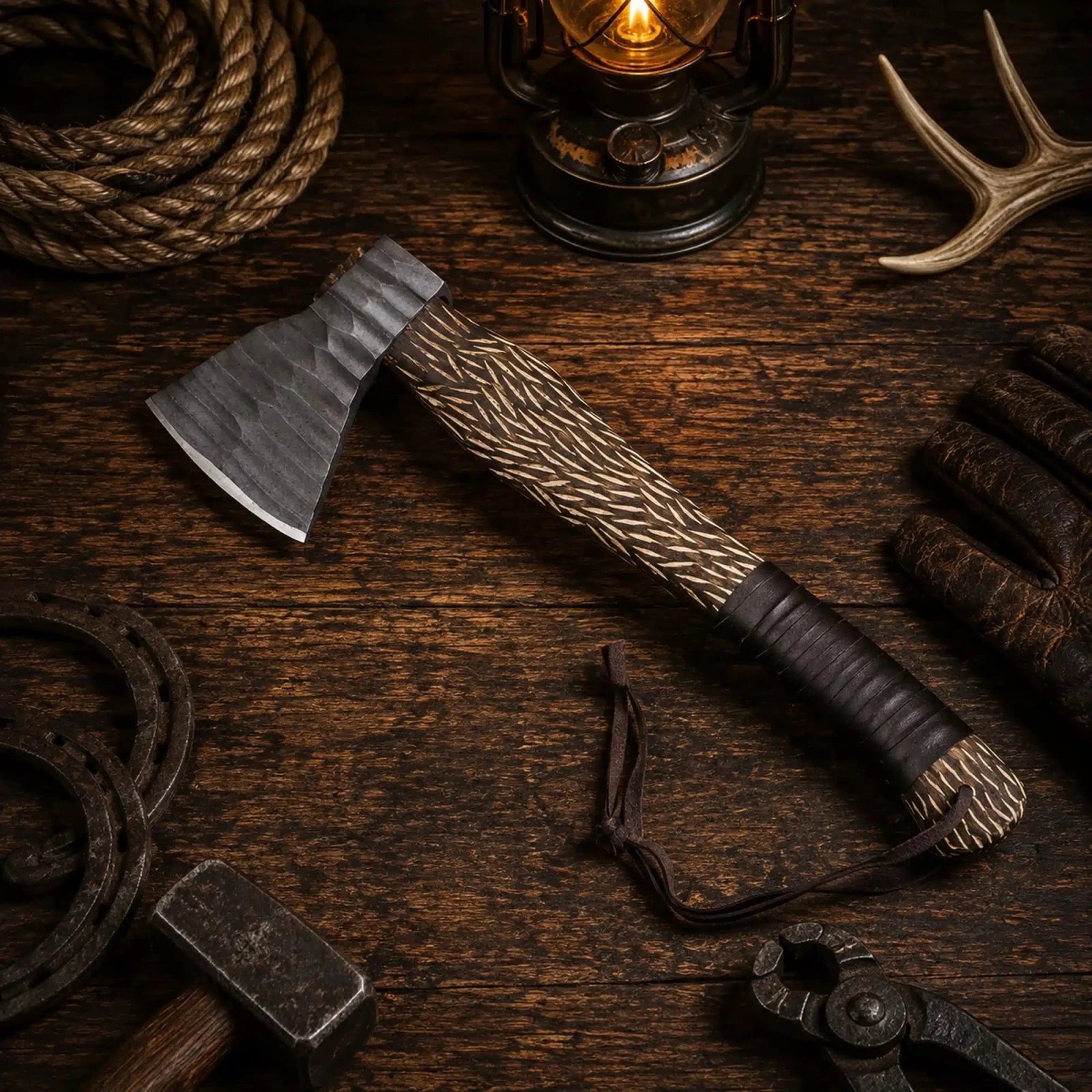 Handmade Viking hatchet with jigged burnt ash wood handle