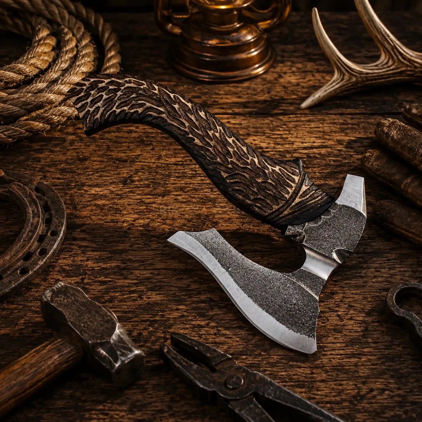 Handmade Viking hatchet with 6.5 inch carbon steel head and burnt ashwood grip