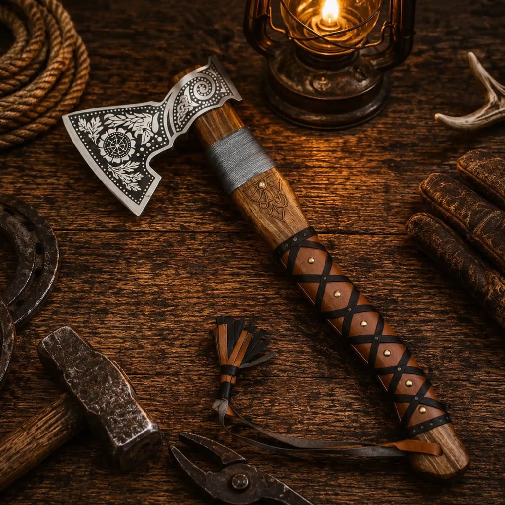 Handmade Viking hatchet with 5 inch blade and leather wrapped rosewood grip