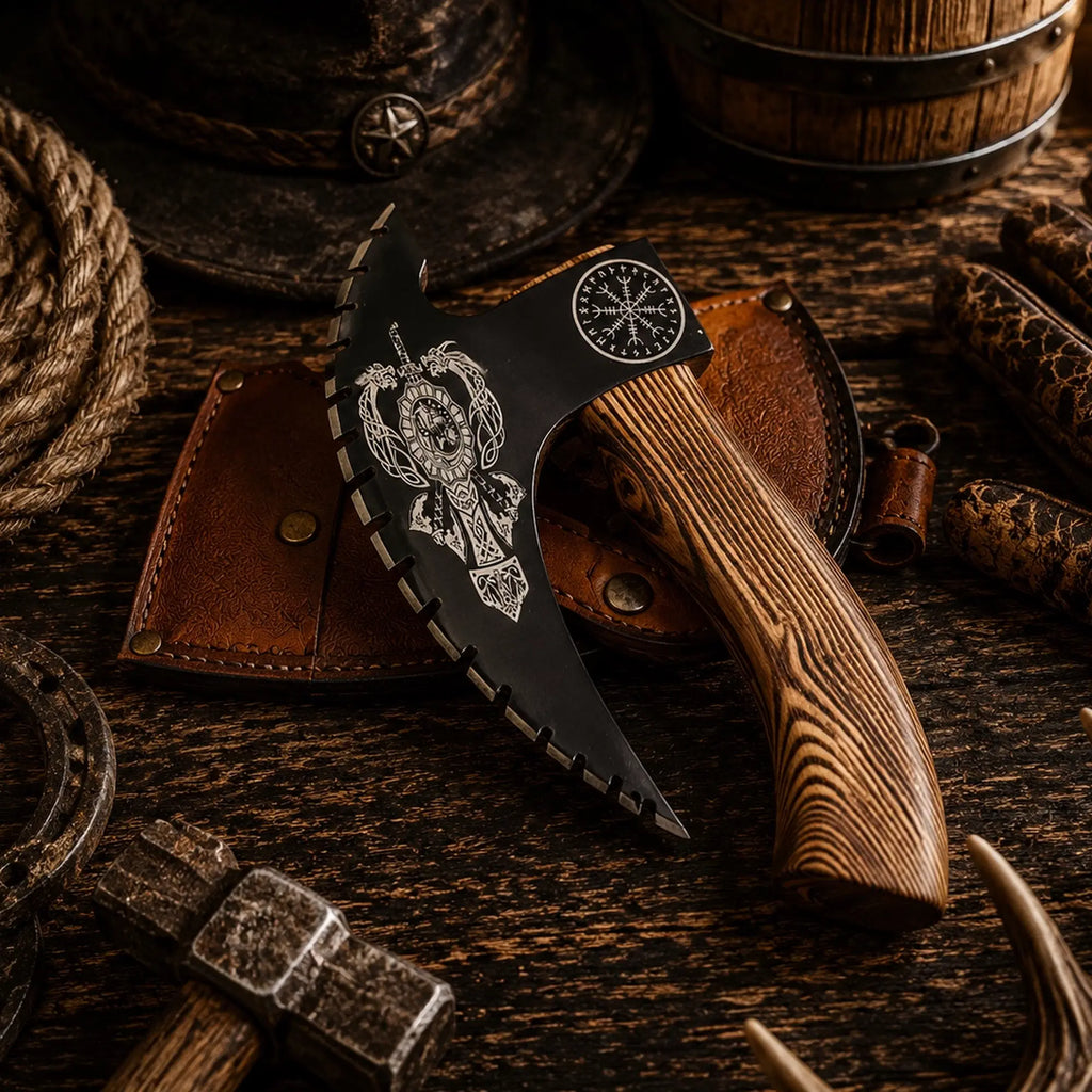 Carbon steel Viking pizza cutter with 8.5 inch blade and ash wood handle