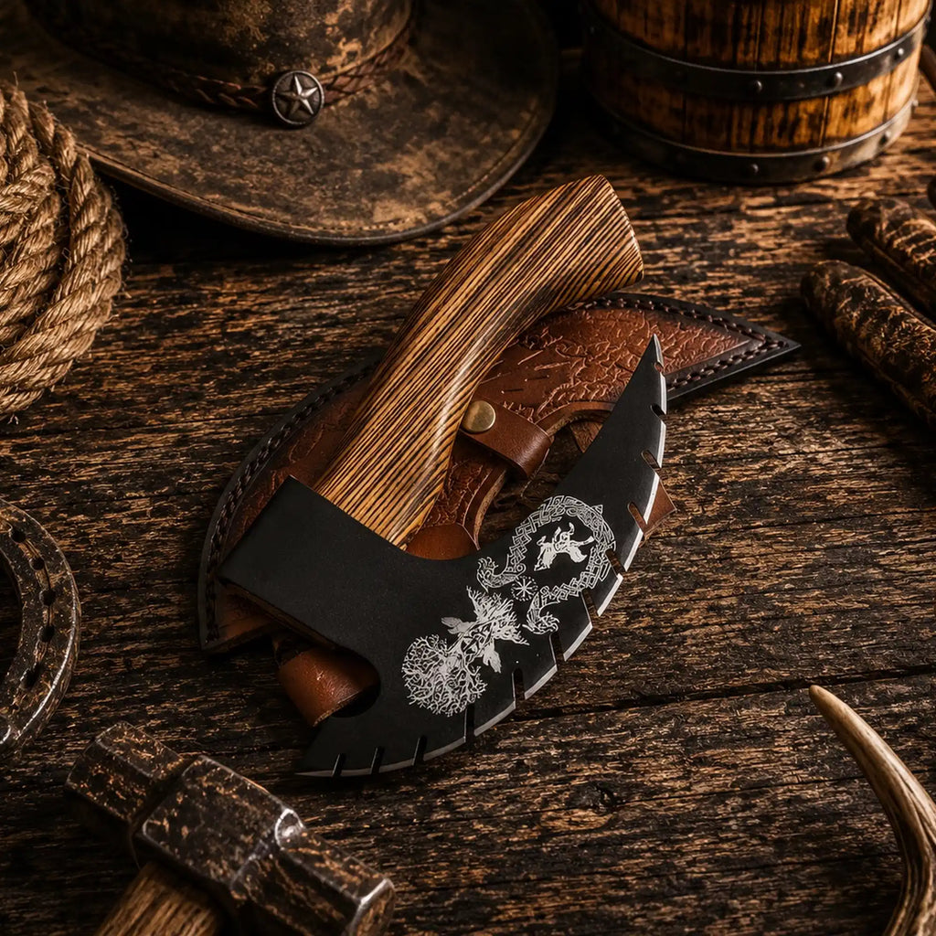 Handmade Norse pizza cutter axe with decorative carbon steel blade