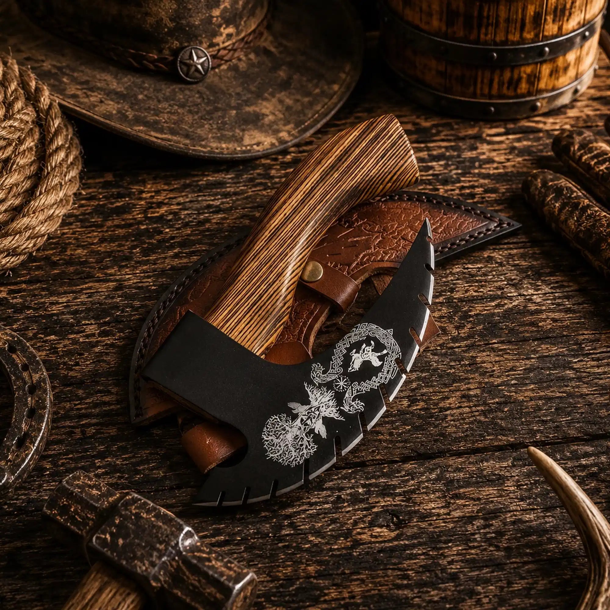 Handmade Norse pizza cutter axe with decorative carbon steel blade