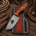 Carter Ranch Field Knife with Sheath – Handmade Damascus Blade Resin Handle - SHAM KNIVESCowboy KnifeSHAM KNIVESCarter Ranch Field Knife with handmade Damascus steel blade and amber resin handle with leather sheath