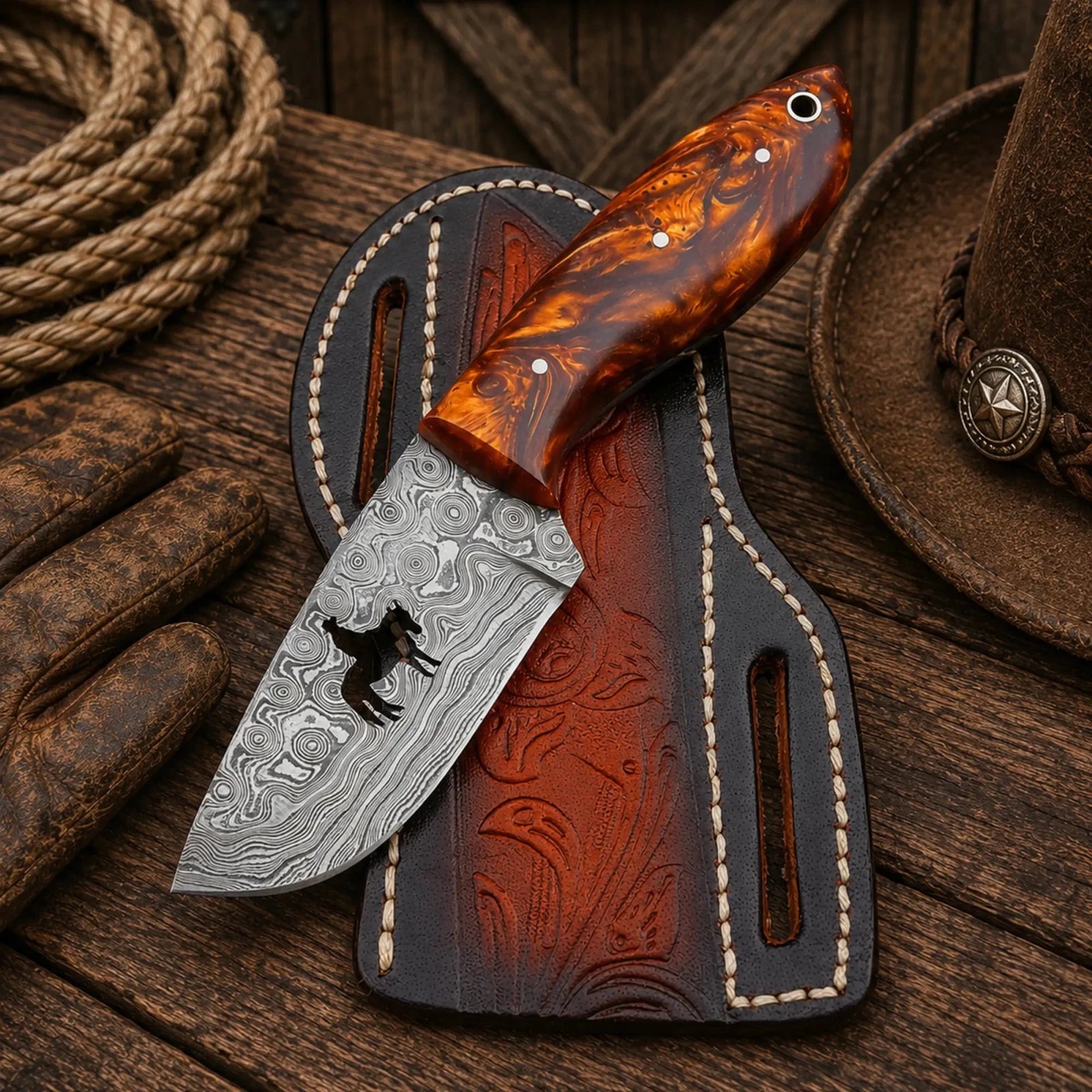 Carter Ranch Field Knife with Sheath – Handmade Damascus Blade Resin Handle - SHAM KNIVESCowboy KnifeSHAM KNIVESCarter Ranch Field Knife with handmade Damascus steel blade and amber resin handle with leather sheath