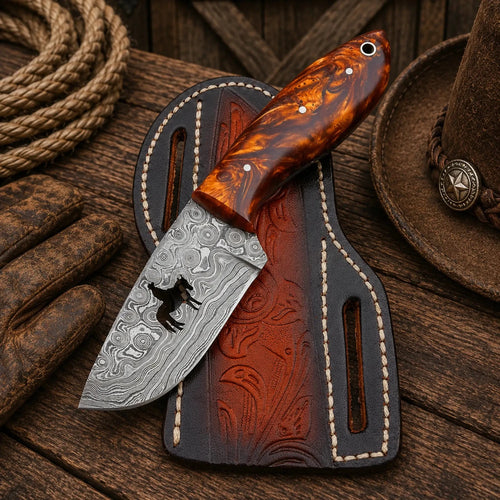 Carter Ranch Field Knife with Sheath – Handmade Damascus Blade Resin Handle - SHAM KNIVESCowboy KnifeSHAM KNIVESCarter Ranch Field Knife with handmade Damascus steel blade and amber resin handle with leather sheath