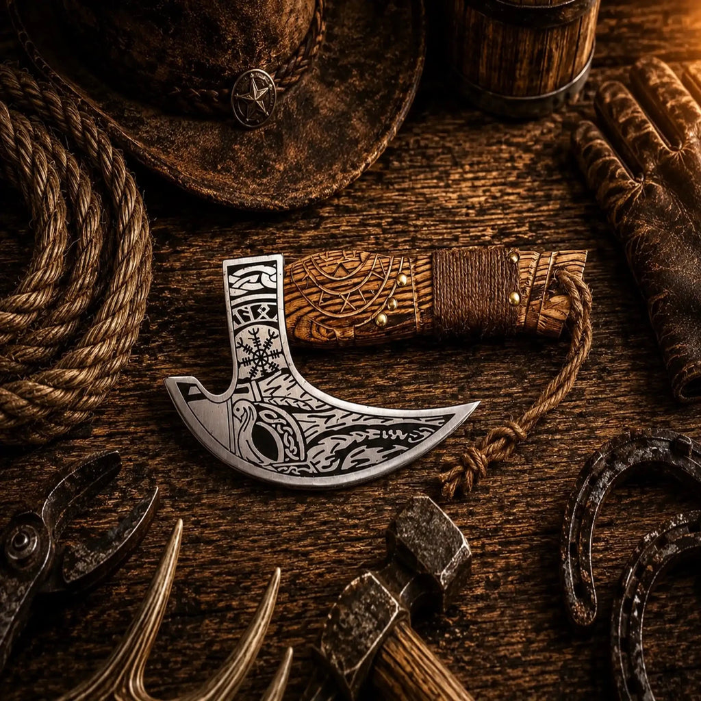 Carved Ash Wood Pizza Axe – D2 Steel Handmade Viking Pizza Cutter - SHAM KNIVESpizza cutter axeSHAM KNIVESCarved ash wood Viking pizza cutter with D2 steel blade.