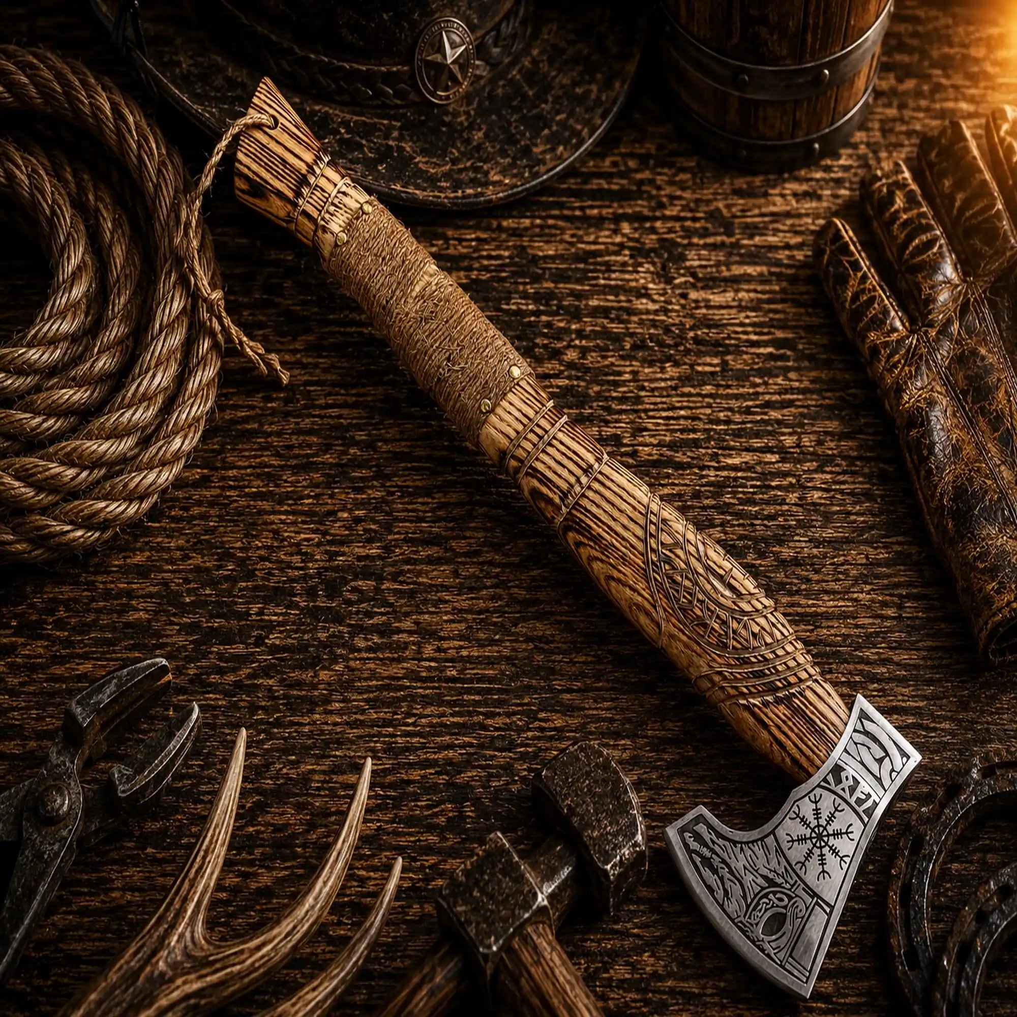 Handmade Viking battle axe with premium leather belt sheath