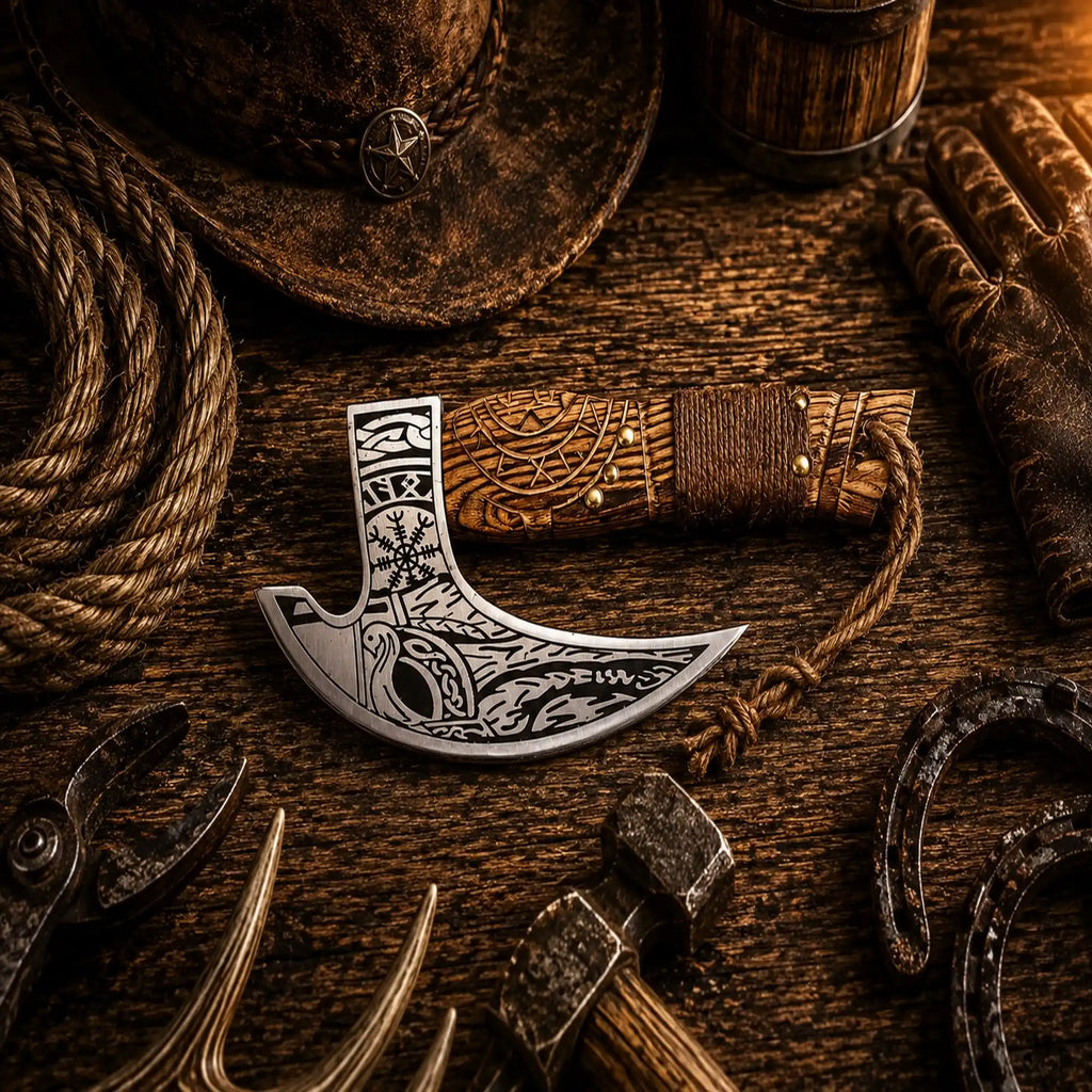 Carved ash wood Viking pizza cutter with D2 steel blade.