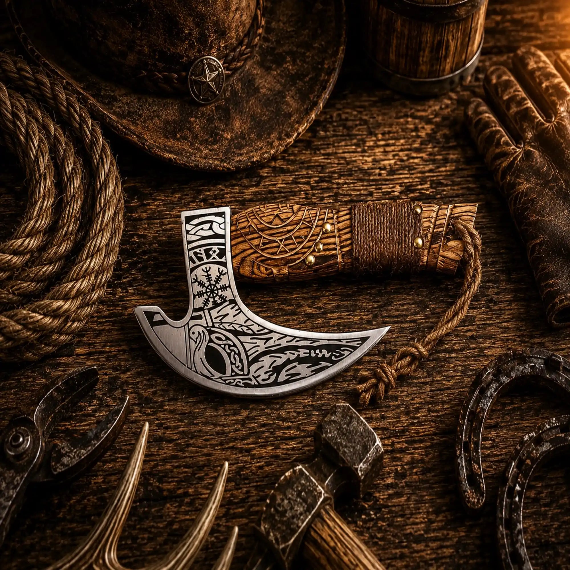 Carved ash wood Viking pizza cutter with D2 steel blade.