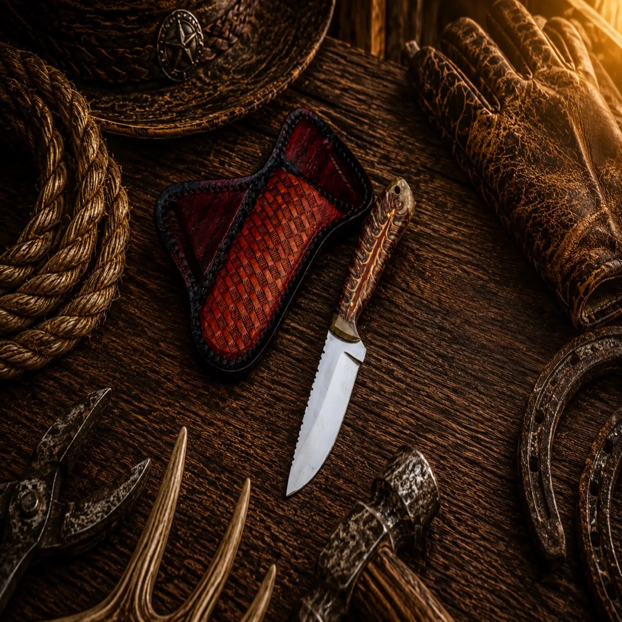 Handmade Cattle Drive Field Working Knife with D2 steel blade and pine cone handle.