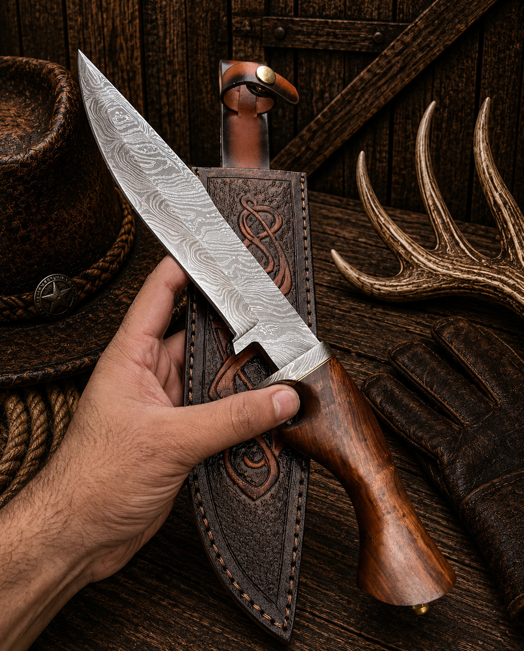 Celtic Guardian Damascus Bowie knife with sculpted rosewood handle
