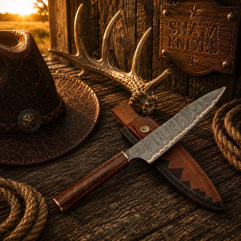 Copper Damascus chef knife featuring a natural rosewood handle