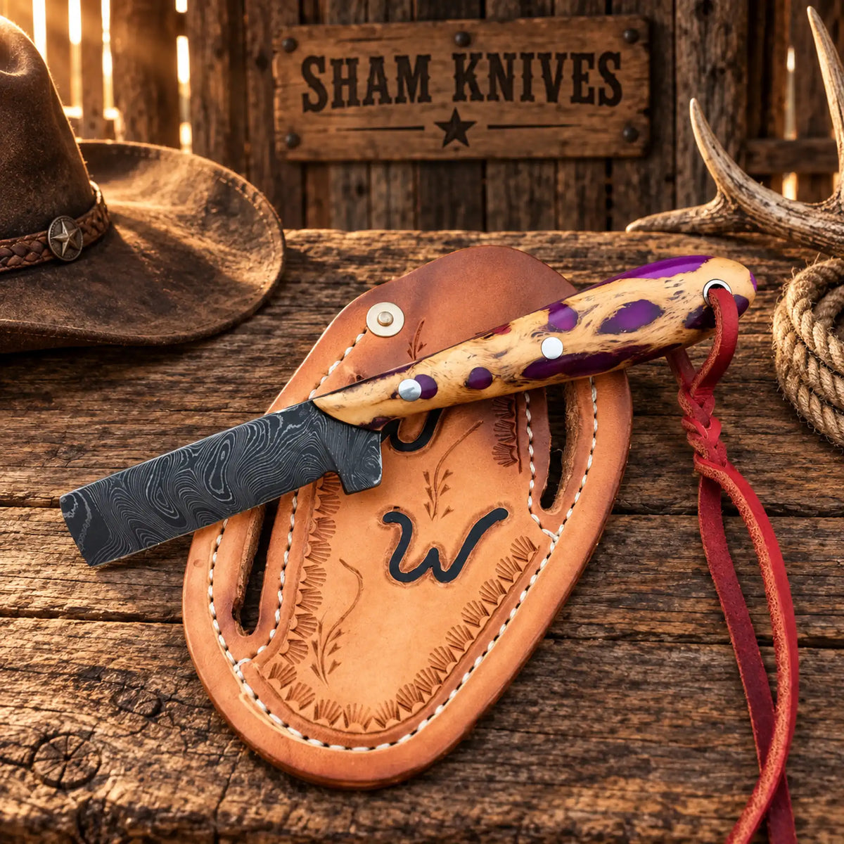 Cowboy bull cutter knife with cholla cactus and purple resin handle and Pancake Sheath