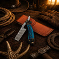 Handmade Classic Cattleman Damascus steel folding straight razor with blue pakka wood handle